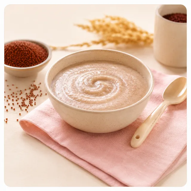 A bowl of smooth ragi porridge with a spoon